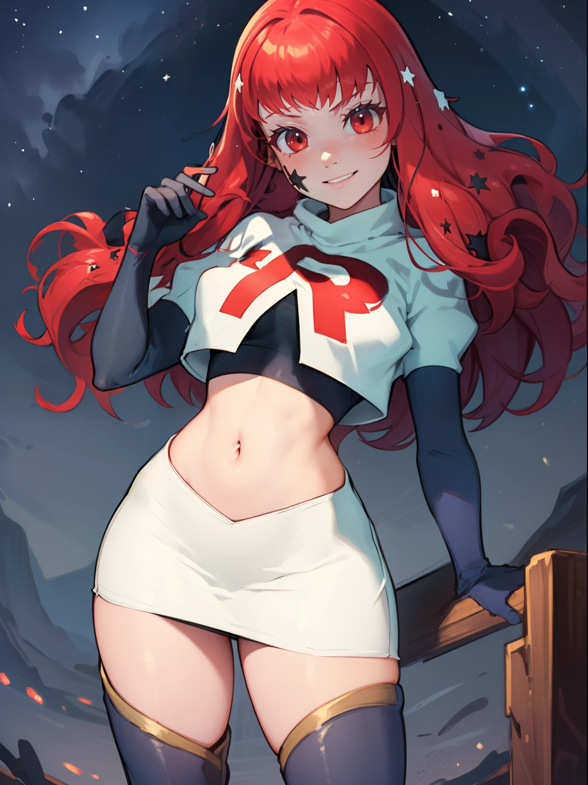 yunakastar hair ornament, team rocket uniform, red letter R, white skirt,white crop top,black thigh-high boots, black elbow gloves, evil smile, looking at viewer, cowboy shot, sexy pose, night sky background