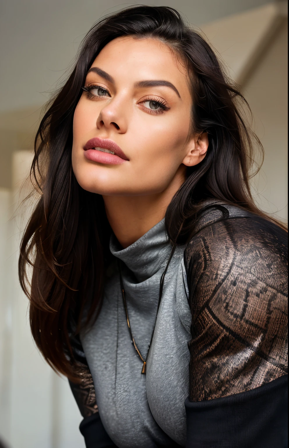 high angle photo of a gorgeous curvy Russian woman in the style of stefan kostic,abs, realistic skin texture, looks up,black sweatshirt, 1 / 2 body crop, 8 5 mm art lens, f 1. 2, sharp focus, 8 k high definition, insanely detailed, intricate, elegant, art by stanley lau and artgerm long straight black hair