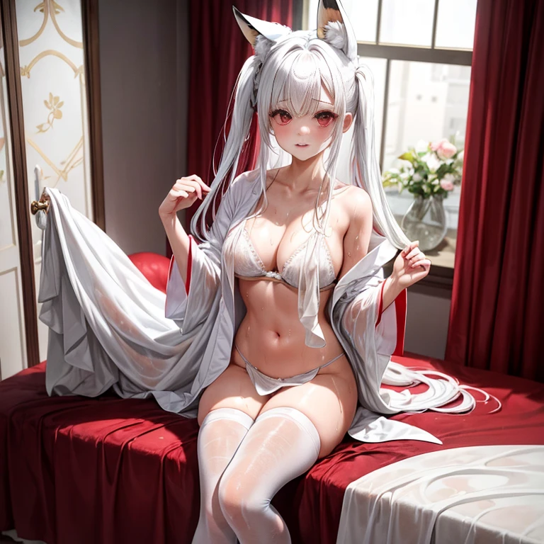 masterpiece、top-quality、1girl in。(bathrobe:1.2), white hair,Red Eyes,(mare:0.8), (Fantastical:0.7), (A smile:0.8),fox ear,salon,wear bra, wear dress , wet clothes,wet hanging,salon, perfect body, perfect breast,((blush on: 1.2)),((fox-tails:1)), perfect big fox-tails, crop top, white legwear,hair bobbles, tights, recumbent on the bed, hot, top view, girl below, looking up, Wear dress, white suit,((wet:1.3))