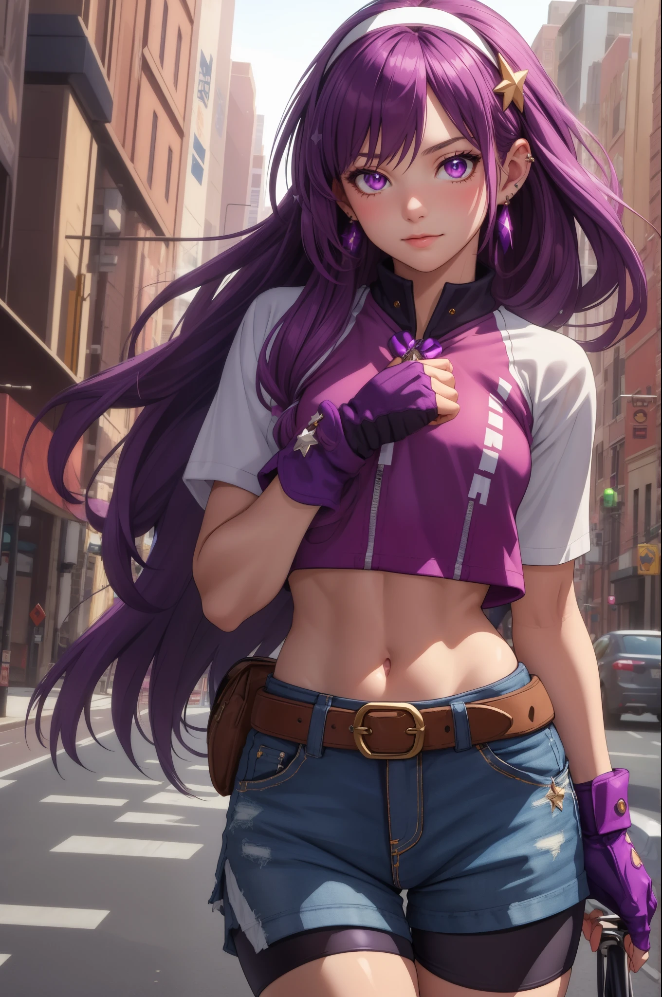 (masterpiece, best quality:1.2), cowboy shot,1girl,solo,purple hair,fingerless gloves,purple eyes,long hair, bike shorts,crop top,star hair ornament,jewelry,earrings,hair ornament,white hairband