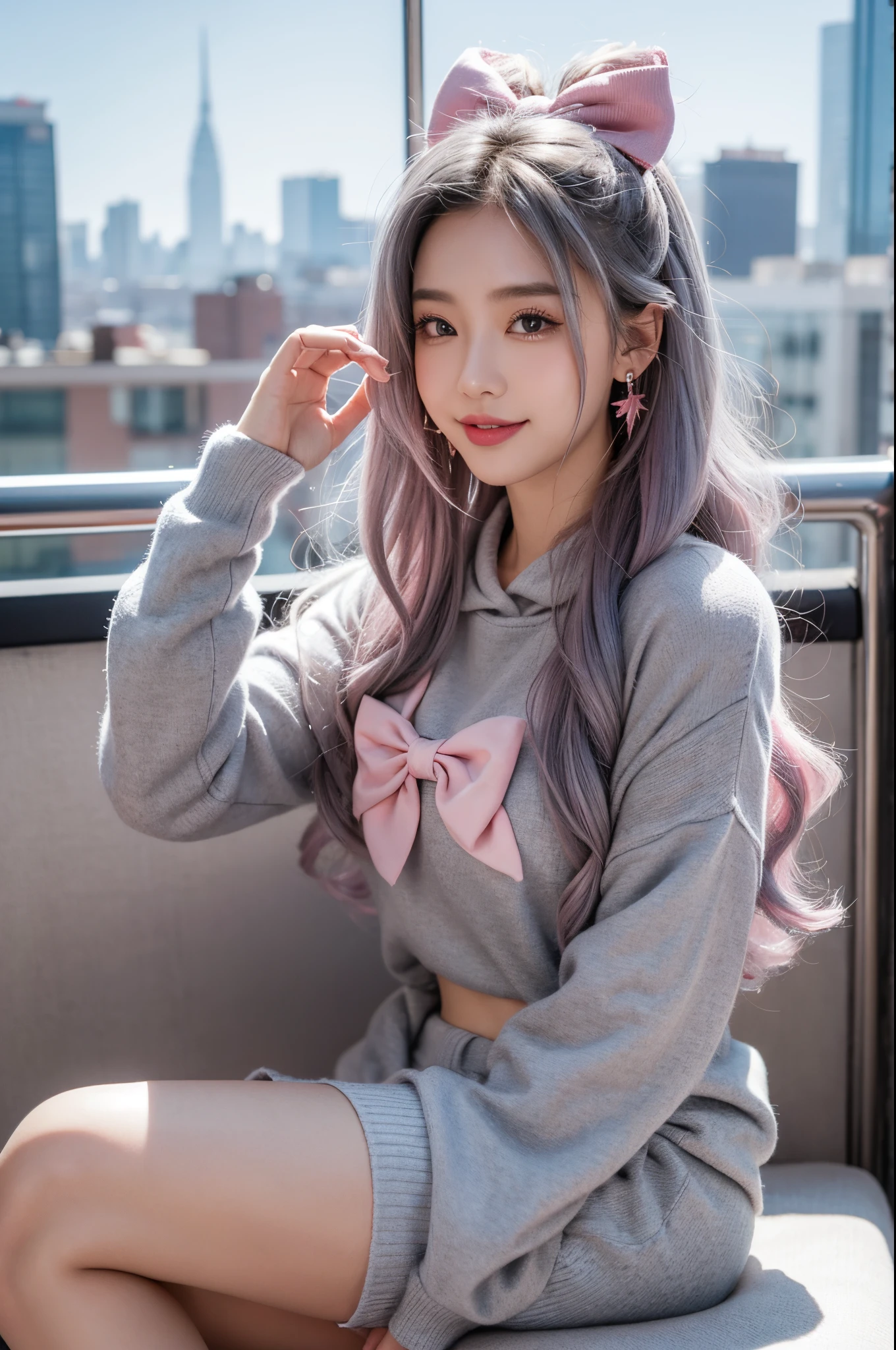 tmasterpiece, Best quality, As estrelas, looking over city, intense shading, actual, a true, unbelievable_Huang Li, Wallpapers, Colorful, girl, Long gray hair, with pink hair, curlies, view the viewer, smilingly, Excited, ribbed sweater, hoody , Minkitz, White panty hose, the bow, the hair_the bow, Pink collar , Wear gloves on elbows , half gloves , ear nipple ring, ,