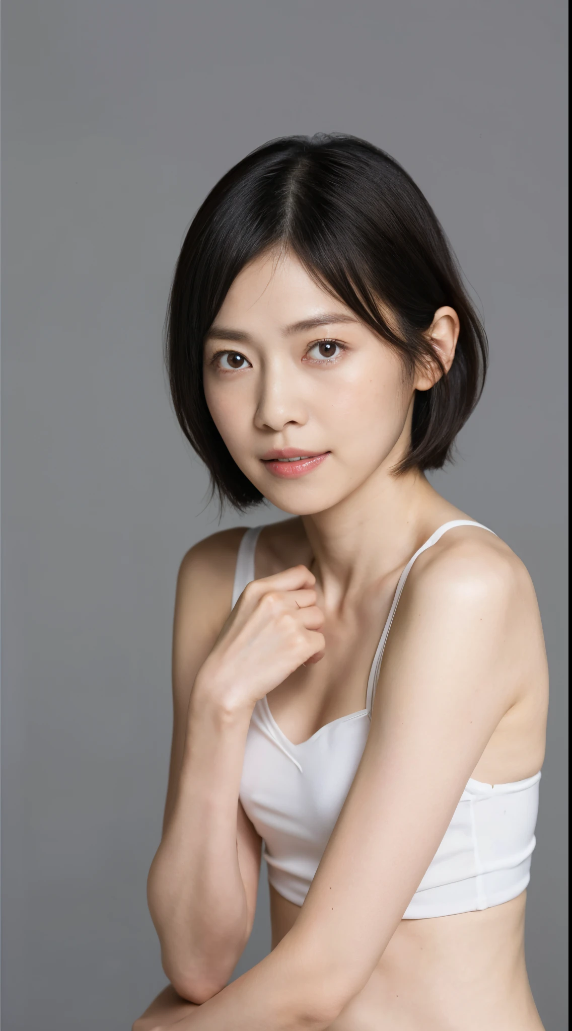 japanes, Women of short stature, Medium flesh and middle back, slightly plump, Short arms, Single eyelid, Slender eyes, Ephemeral atmosphere, 30-year-old girl, Black Hair Bob Hair, ((thin lipss)), White underwear, masutepiece, Best Quality, Detailed skin, Detailed eyes, ,8K, Good anatomy, Upper body portrait