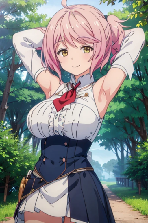 (((pixel-perfect, detail-perfect))), solo, 1girl, philuffy aingram, uniform, white shirt, ascot, looking at viewer, closed_mouth, night sky, forest, arms behind head, spread armpits, contrapposto, cowboy shot, smile,