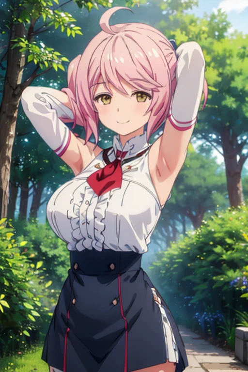 (((pixel-perfect, detail-perfect))), solo, 1girl, philuffy aingram, uniform, white shirt, ascot, looking at viewer,  forest, dark sky, contrapposto, smile, spread armpits, cowboy shot, arms behind head,