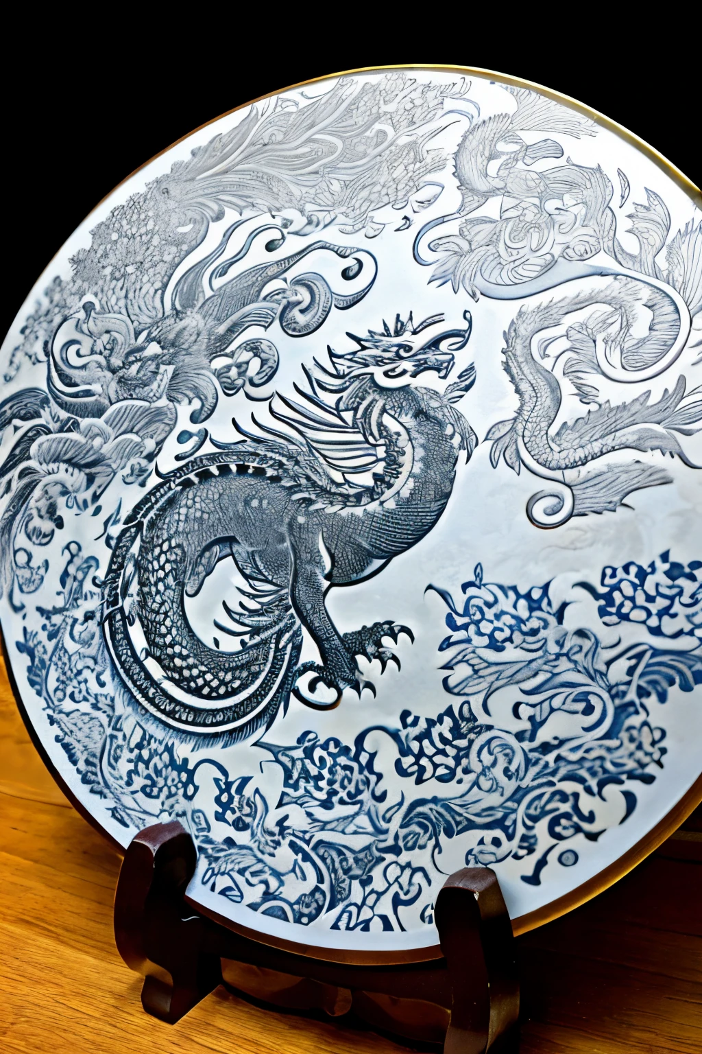 Help me create a Tai Chi pattern for secondary creation，Tai Chi form，One side  a dragon，Chinese dragon motif，One side  a phoenix pattern，Dragon element，Dragon and phoenix shape，HD pattern，round form，Close up of golden and white round design with dragon, chinese dragon engrave, ancient chinese ornate, ancient china art style, dragon design language, orient, The golden dragon, chinesedragon,  traditional chinese textures, chineseidol, engraved vector, dragon centered, drak, A disc with a Tai Chi pattern, chinoiserie pattern, red phoenix bird, ancient china art style, Chinese traditional, ancient chinese ornate, Chinese, chinese blue and white porcelain, traditional chinese textures, traditional chinese art, chineseidol, peacock.，HD，Black and white color scheme，dragon  black，Phoenix  black，The background color  silver