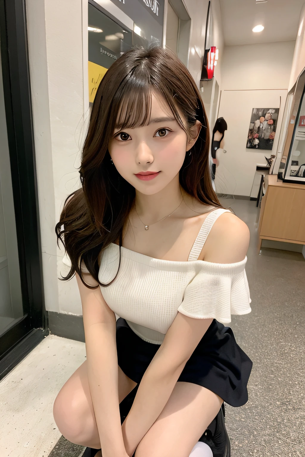 hight resolution, top-quality, Perfect dynamic composition, Beautiful detailed eyes, off shoulders、Radiant hair、Medium Hair, Natural Color Lip, college aged、Harajuku、A slight smil、Crouched figure、M-shaped legs