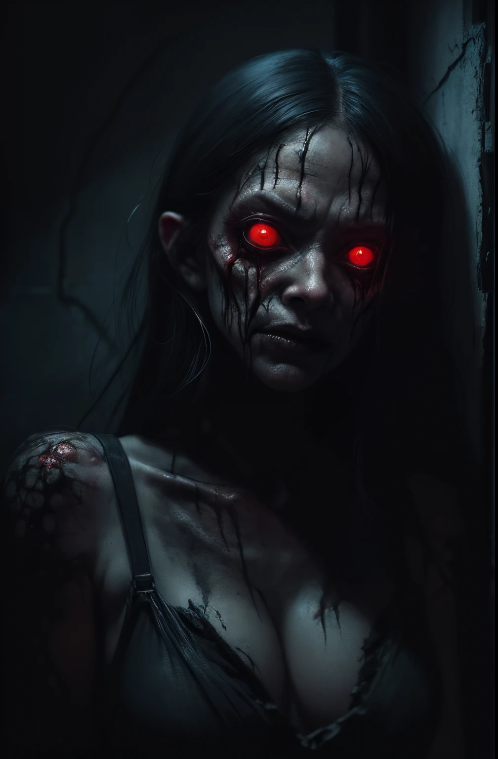 a terrifying mental image of a female figure of pure evil, immersed in a hideous, hellish environment, appearance with grotesque features and sinister deformities that evoke instant horror, glowing eyes, contorted skin, dark attire that exude an evil aura, environment around as a hellscape, distorted shadows, agonizing, obscure, terrifying nightmare, capturing all of the viewer's senses and leaving a lasting impression of horror, evil female figure in a obscure place coming from hell, nightmare, fiend, demonic presence