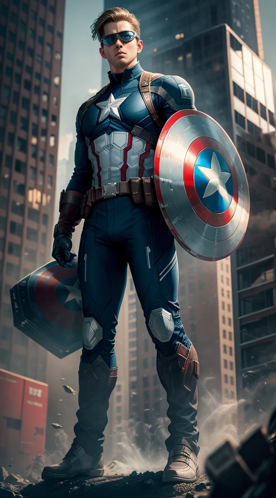 New Captain America. New advanced futuristic cybertech suit. White Captain America suits. With hyper technology goggles and helmet. In action. In the middle of Manhattan