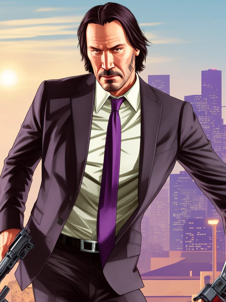 Keanu Reeves, GTA Vice City, gta 5 cover art, borderlands style, celshading, trending on artstation
