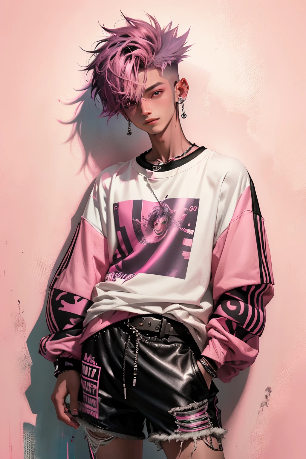 kpop young age boy with fade cut dark pink hair with white earring on his right ear, open jacket with dark blue shirts, cute smile, black ripped shorts and a large belt-buckle, paint background, popstar, has messy pink emo hairstyle. He has a normal Putt Putt Troll appearance overall, (pink and dark crystal broken glass mirror background)