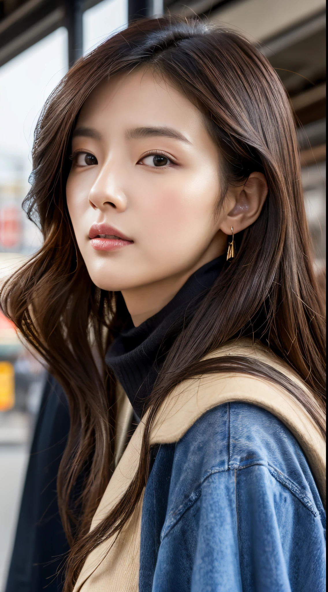 Top image quality、masterpiece、Beautuful Women、japanes、25-years old、station platform、(masuter piece:1.3)、(in 8K、Photorealsitic、Raw photography、top-quality:1.4)、(1girl in)、beautiful countenance、(Lifelike face)、(A dark-haired、realistic eyes beautiful details、(real looking skin)、Sleeveless、coat、muffler、absurderes、enticing、ultra res、A hyper-realistic、high detal、the golden ratio、serious faces、dual、long、Loose perm、Beautiful Japan Woman