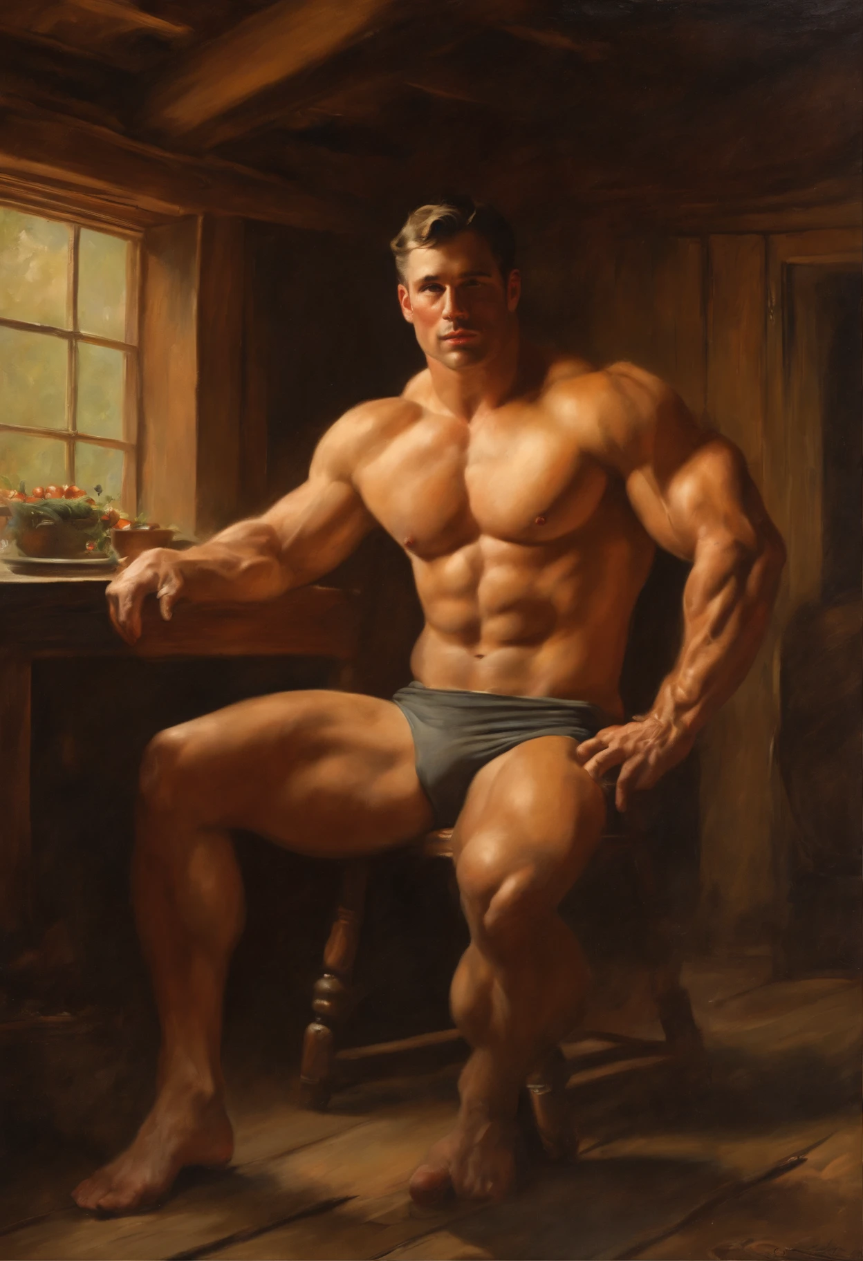 oil painting of a naked handsome muscular bodybuilder male inside a 1 9 0 0 s cabin, sans clothing, with big and big butt, lying on a chair spreading his legs, toned big body, perfect composition, exposed naked body, kind face, beard, riqué, procovative painting, natural color, by harry bush, James Montgomery Flagg and Lois van Baarle and jim french and rossdraws,