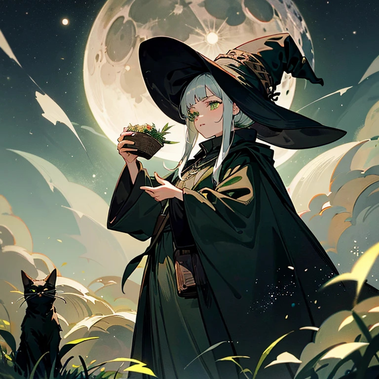 A witch around 25 years old holding a basket of medicinal herbs... Black cloak Dark brown long boots Green eyes Pendants Moon Night starrysky companion black cat Lots of light particles