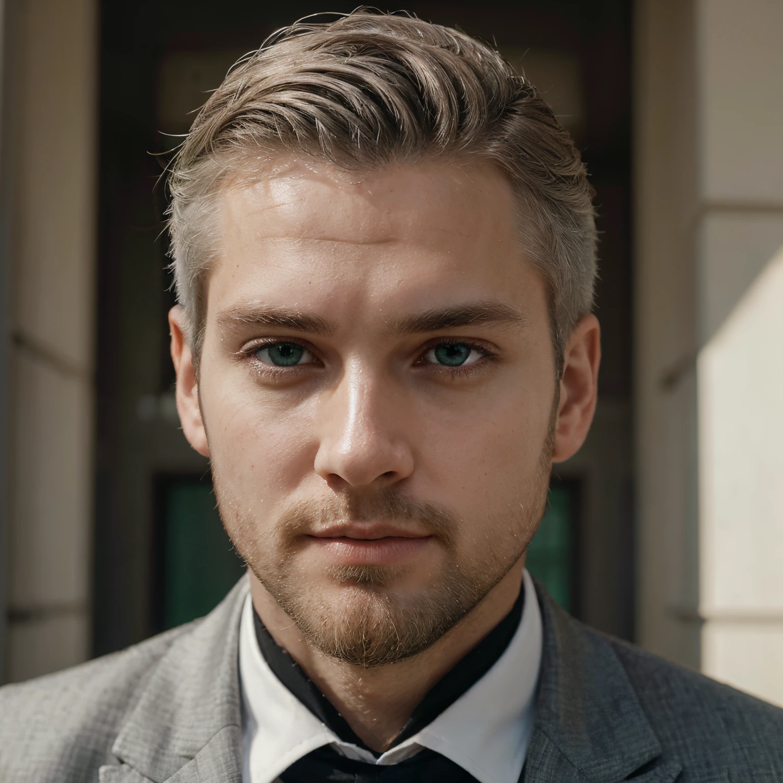Closeup of White male, 30-35, square face, short light blond hair, gray hair on temples, neatly trimmed beard, light green eyes, wearing black suit.