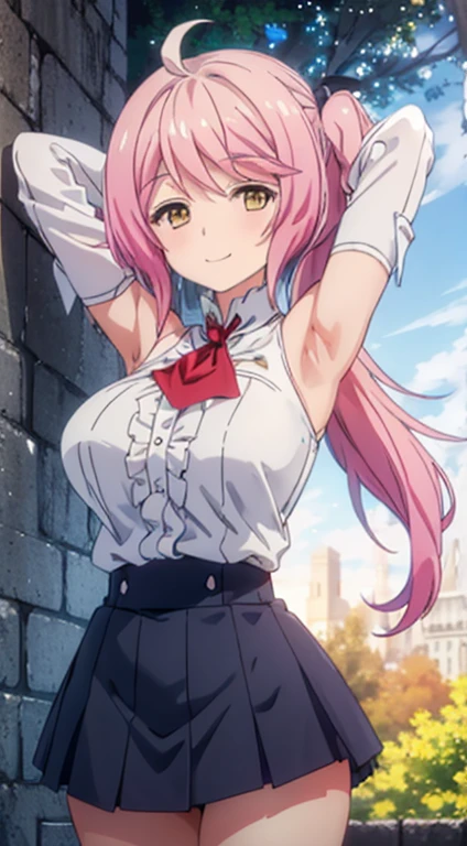 (((pixel-perfect, detail-perfect))), solo, 1girl, philuffy aingram, uniform, white shirt, ascot, looking at viewer, forest, dark sky, contrapposto, smile, spread armpits, cowboy shot, arms behind head,