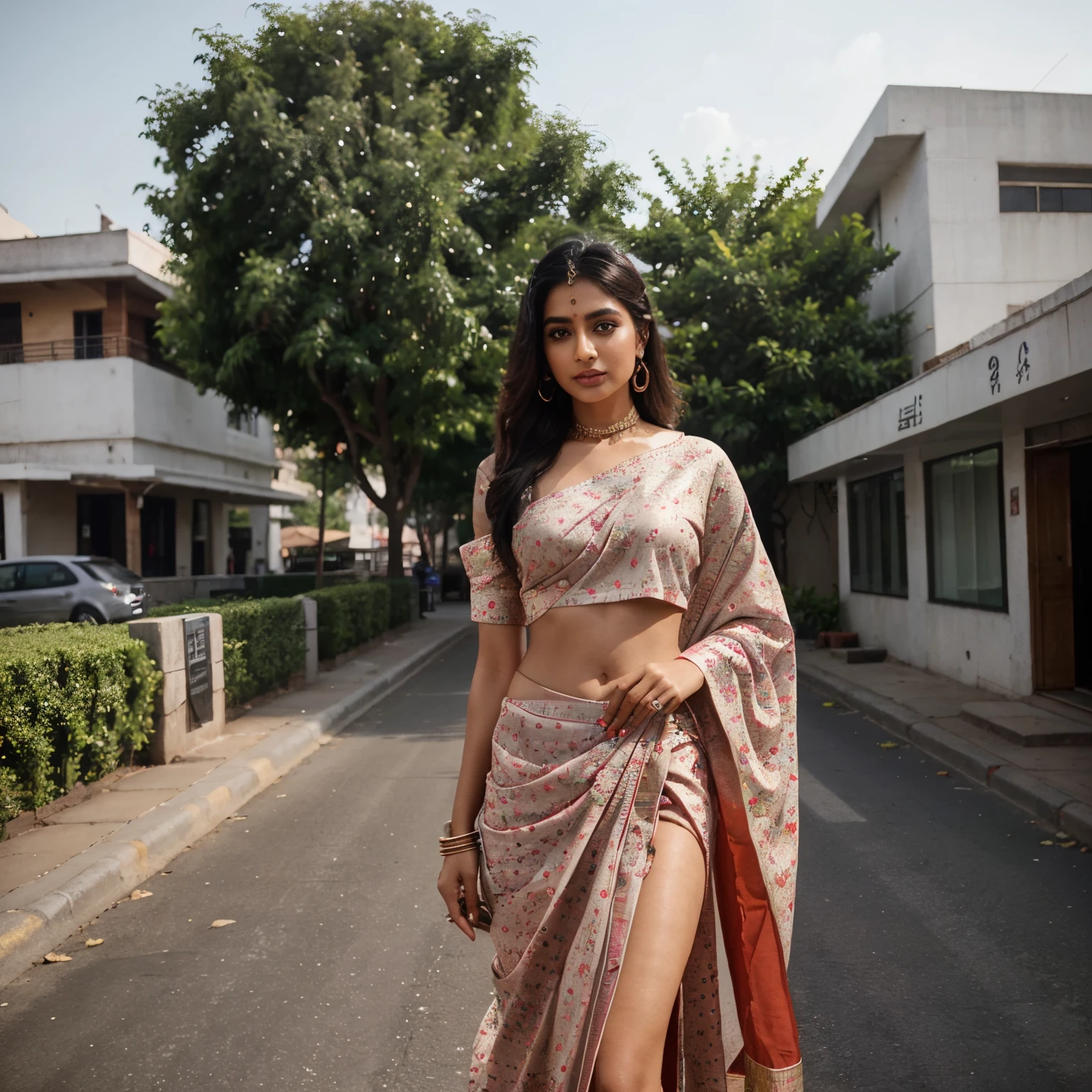 "Produce a visually stunning image of a stylish Indian social media influencer exuding confidence and charisma. The influencer should possess impeccable fashion sense, adorned in contemporary yet culturally resonant attire, while radiating a captivating aura. The background should complement their personality, perhaps a blend of modern urban elements or a setting reflecting India's rich heritage, ensuring the image is captivating and resonates with a diverse audience on social media platforms."