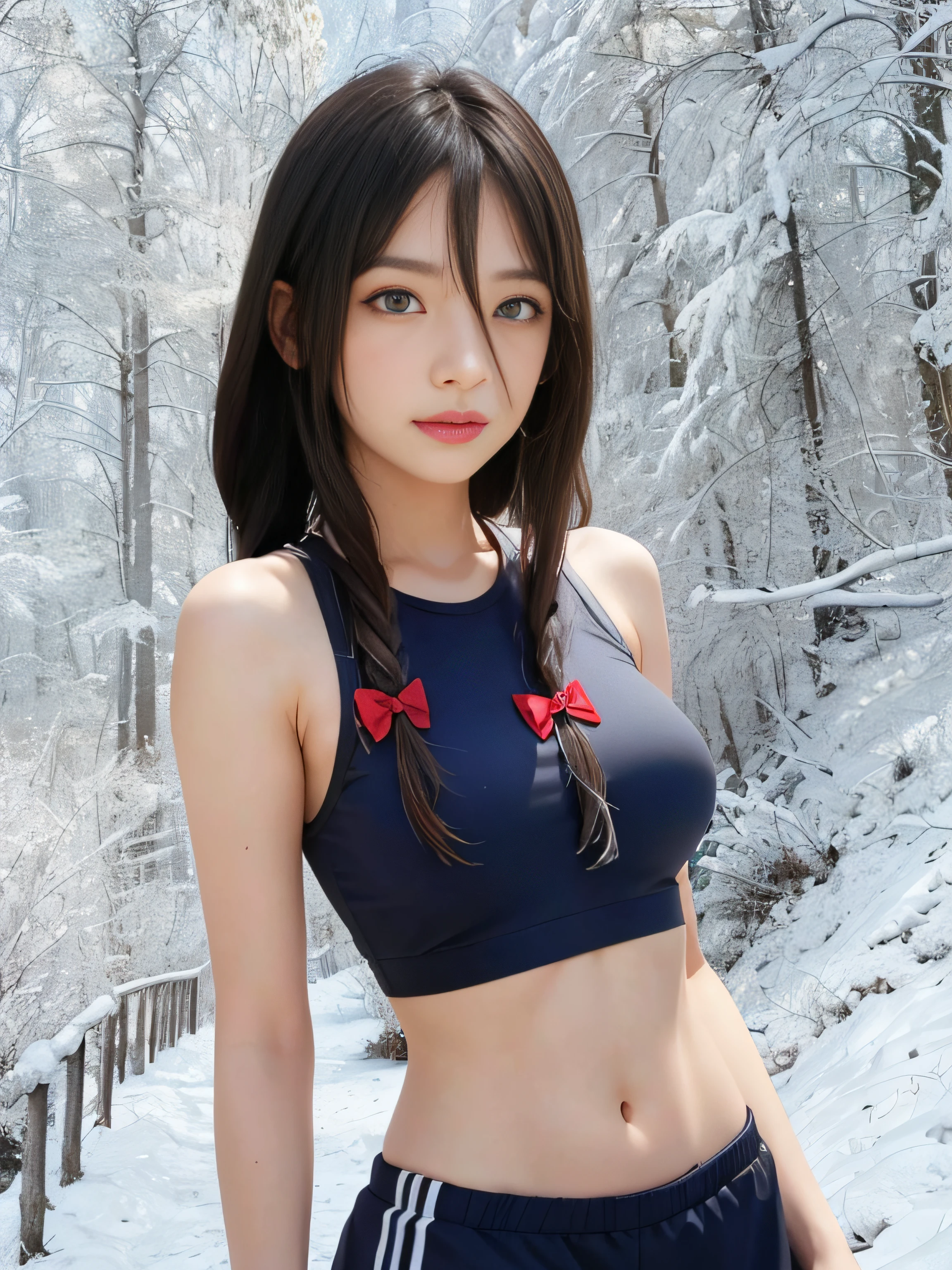 masterpiece, best quality, (realistic,photo-realistic:1.4), (RAW photo:1.2), extremely detailed CG unity 8k wallpaper, delicate and beautiful, amazing, finely detail,official art, absurdres, incredibly absurdres, huge filesize, ultra-detailed, extremely detailed, extremely detailkcaled girl,extremely detailed eyes and face, light on face,little smiles,long hair,brown hair,winter,(light grey eyes:1.5),medium breast