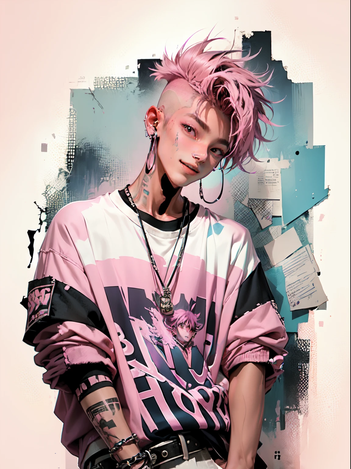 kpop  boy with fade cut dark pink hair with white earring on his right ear, open jacket with dark blue shirts, cute smile, black ripped shorts and a large belt-buckle, paint background, popstar, has messy pink emo hairstyle. He has a normal Putt Putt Troll appearance overall, (pink and dark crystal broken glass mirror background)