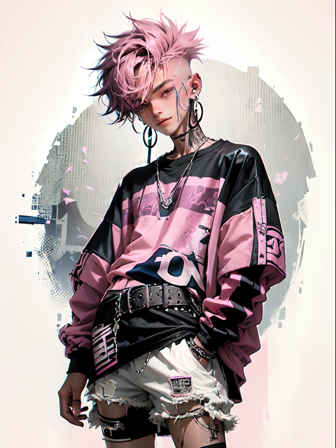 kpop young age boy with fade cut dark pink hair with white earring on his right ear, open jacket with dark blue shirts, cute smile, black ripped shorts and a large belt-buckle, paint background, popstar, has messy pink emo hairstyle. He has a normal Putt Putt Troll appearance overall, (pink and dark crystal broken glass mirror background)