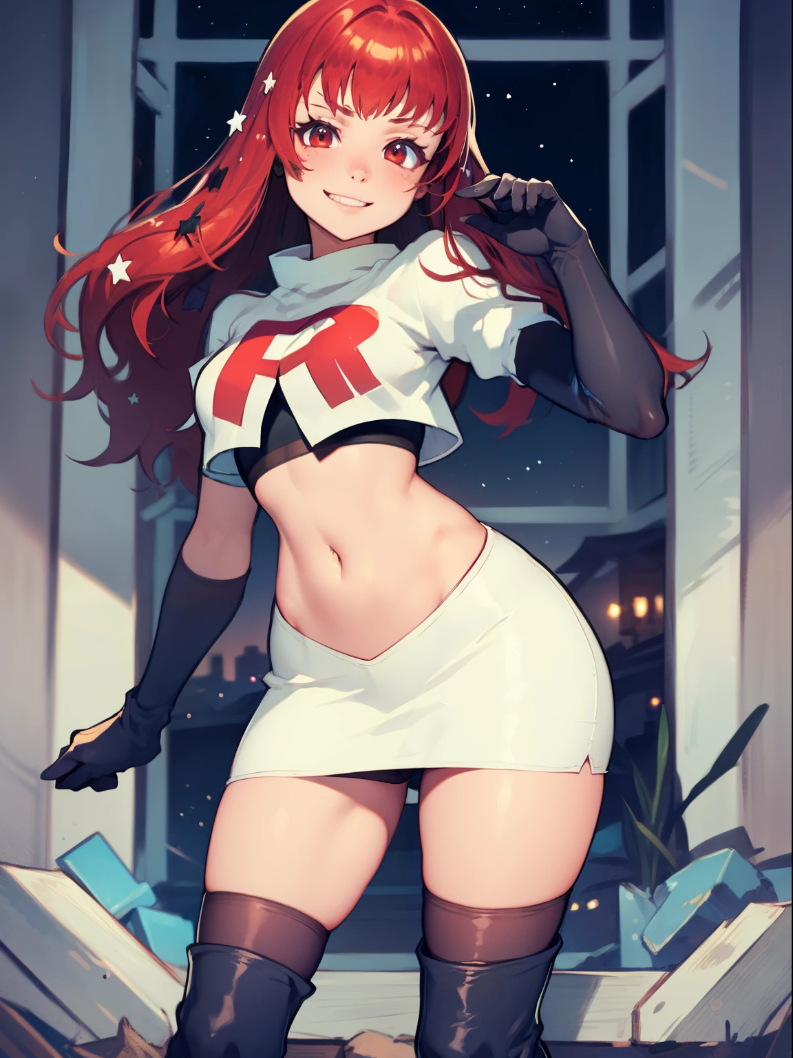 yunaka, star hair ornament, team rocket uniform, red letter R, white skirt,white crop top,black thigh-high boots, black elbow gloves, evil smile, looking at viewer, cowboy shot, sexy pose, night sky background