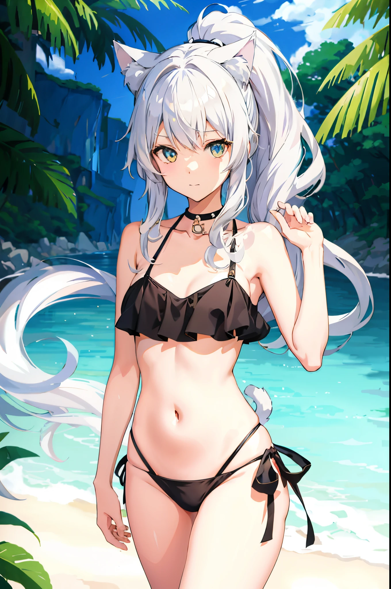 anime girl in a bikini with cat ears and a cat tail, seductive anime girl, kantai collection style, perfect white haired girl, white haired, attire: bikini, from girls frontline, white haired deity, swimsuit, azur lane style, realistic bikini, anime moe artstyle, small curvy loli, from the azur lane videogame, girl with white hair