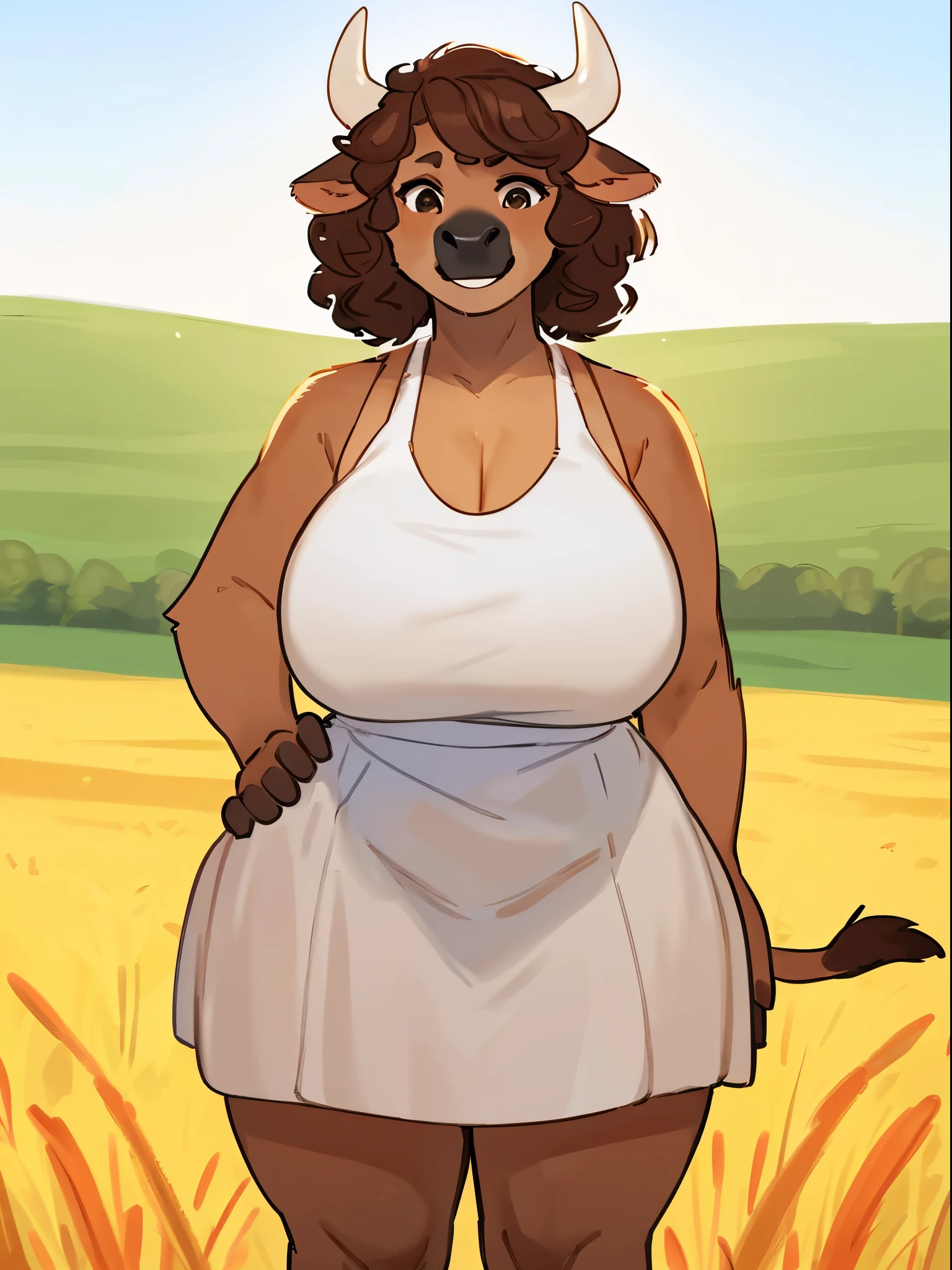 By bebebebebe, by lostgoose, by goonie-san, solo, female, bovine, cow, brown fur, brown hair, medium hair, wavy hair, horns, black nose, smiling, big breasts, curvy, thicc, standing, sundress, field