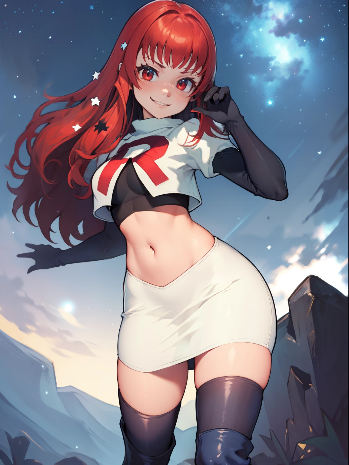 yunaka, star hair ornament, team rocket uniform, red letter R, white skirt,white crop top,black thigh-high boots, black elbow gloves, evil smile, looking at viewer, cowboy shot, sexy pose, night sky background