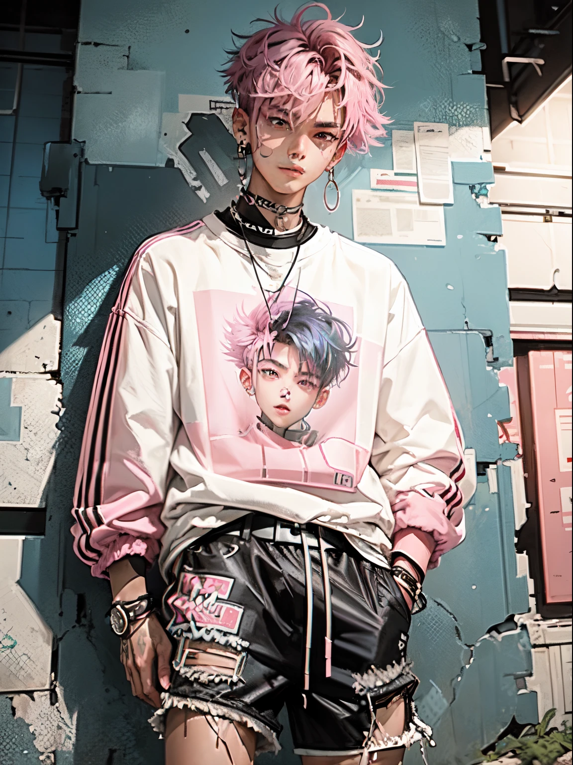 kpop young age boy with fade cut dark pink hair with white earring on his right ear, open jacket with dark blue shirts, cute smile, black ripped shorts and a large belt-buckle, paint background, popstar, has messy pink emo hairstyle. He has a normal Putt Putt Troll appearance overall, (pink and dark crystal broken glass mirror background)