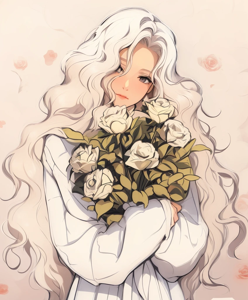 a woman with long white hair holding a bouquet of roses, blond anime girl with long hair, anime girl with long hair, in the art style of bowater, roses in her hair, curly blond hair, with flowers, beautiful anime art style, beautiful anime portrait, a girl with blond hair, with long white hair, with white long hair, white sweater, she’s sweater is white color