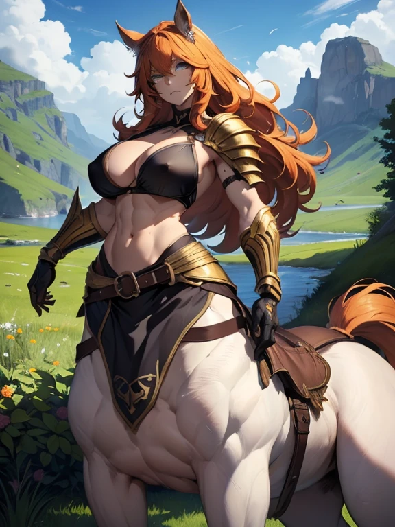 (masterpiece), (best quality:1.4), (perfect anatomy:1.4), high quality, expressive eyes, full body, 1girl, centaur girl, solo, detailed face, beautiful face, perfect face, detailed (ginger medium hair), detailed eyes, green eyes, (glistening skin:1.1), (lips open:0.3), looking at viewer, dynamic lighting, detailed, (masterpiece),breasts, {huge breasts}, serious, musculantasy lake background), horse ears, tail, horse tail, dynamic pose, (fantasy lake background), soft, centaur, taur, curvy, armor, cuisses, shoulder armor, hand guard, belt,