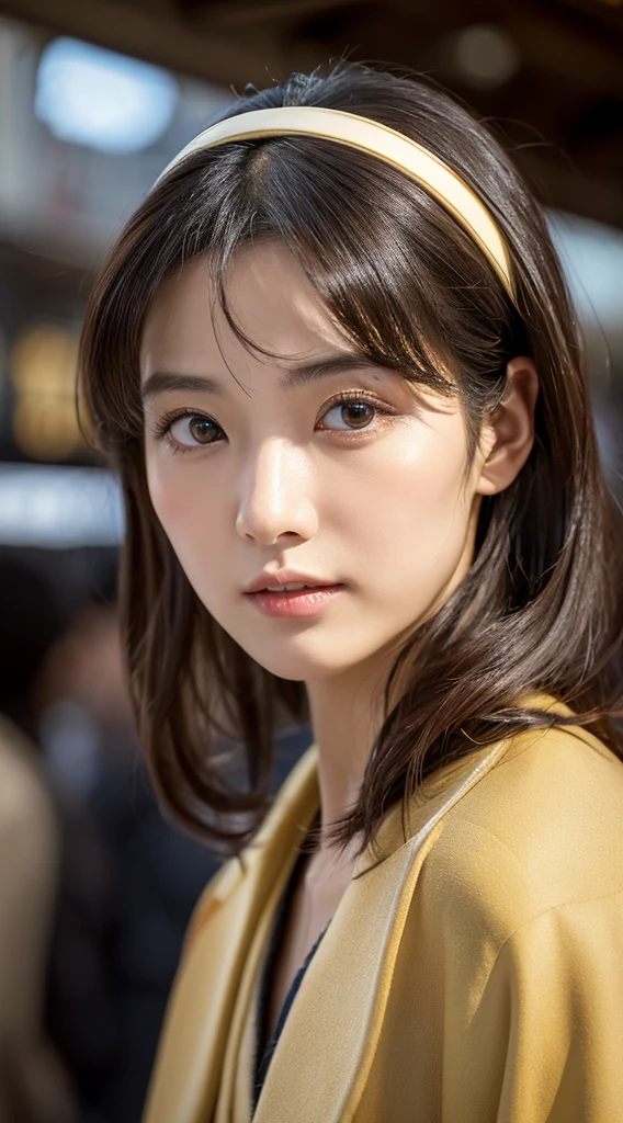 Top image quality、masterpiece、Beautuful Women、japanes、25-years old、Station platform、(masuter piece:1.3)、(in 8K、Photorealsitic、Raw photography、top-quality:1.4)、(1girl in)、美丽的面容、(Lifelike face)、(A dark-haired、Realistic eyes beautiful details、(real looking skin)、coat、muffler、absurderes、enticing、ultra res、A hyper-realistic、high detal、the golden ratio、serious faces、dual、long、Loose perm、Beautiful Japan Woman