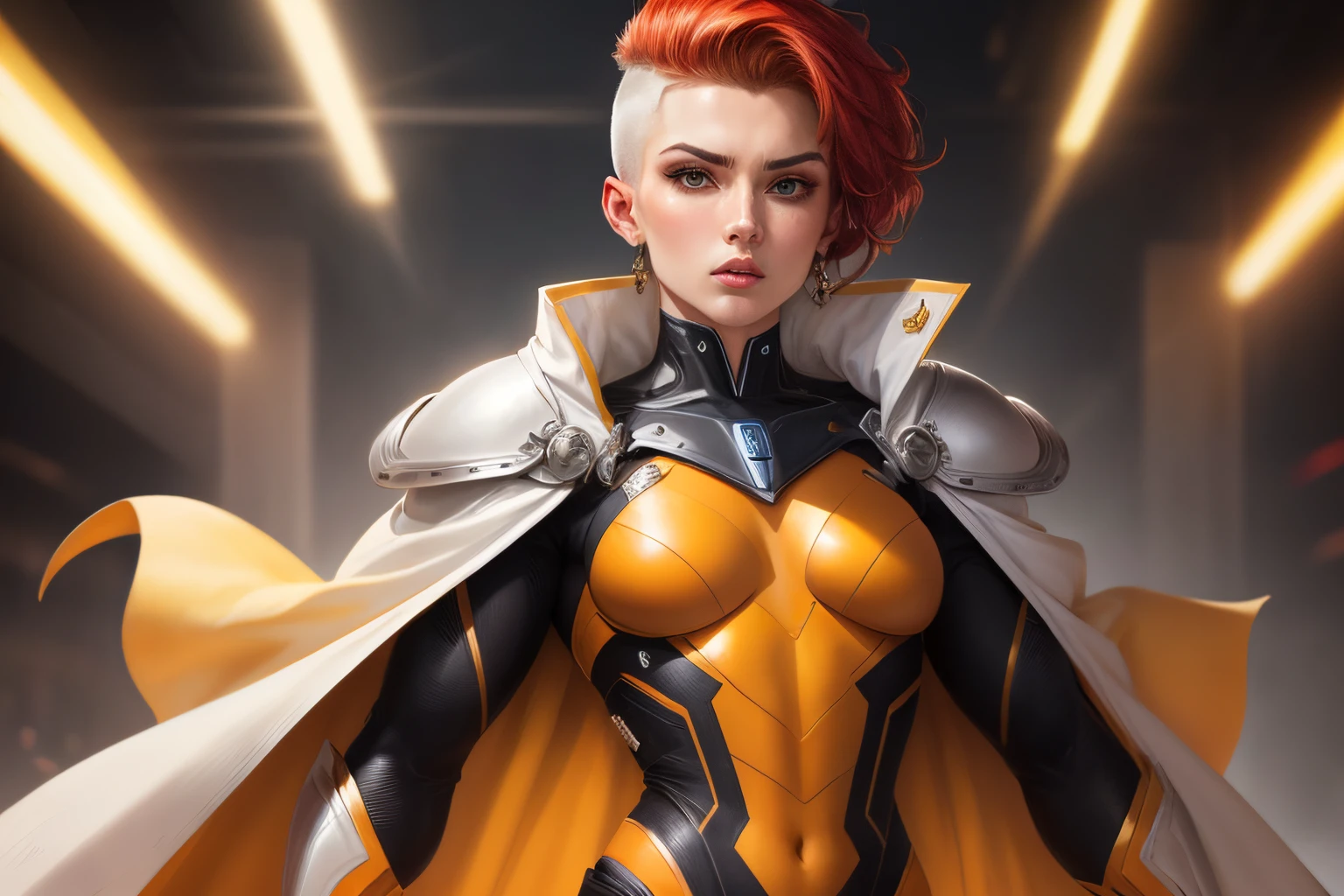 Cyborg suit leather white and red and yellow suit goddess girl, suit full coverage, platinum white buzz cut hair, red hair buzz cut right part hair, Russian face, muscular, soull face, powerful, Russian girl face, small black Cape, she is epically fighting