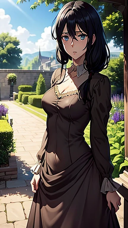 Long black hair,black colour European dress, perfect sized boobs, standing,blue colour eyes,ultra realistic detailed blue eyes, beautiful and perfect face, sunlight and garden background, Violet Evergarden's hairstyle, black hair