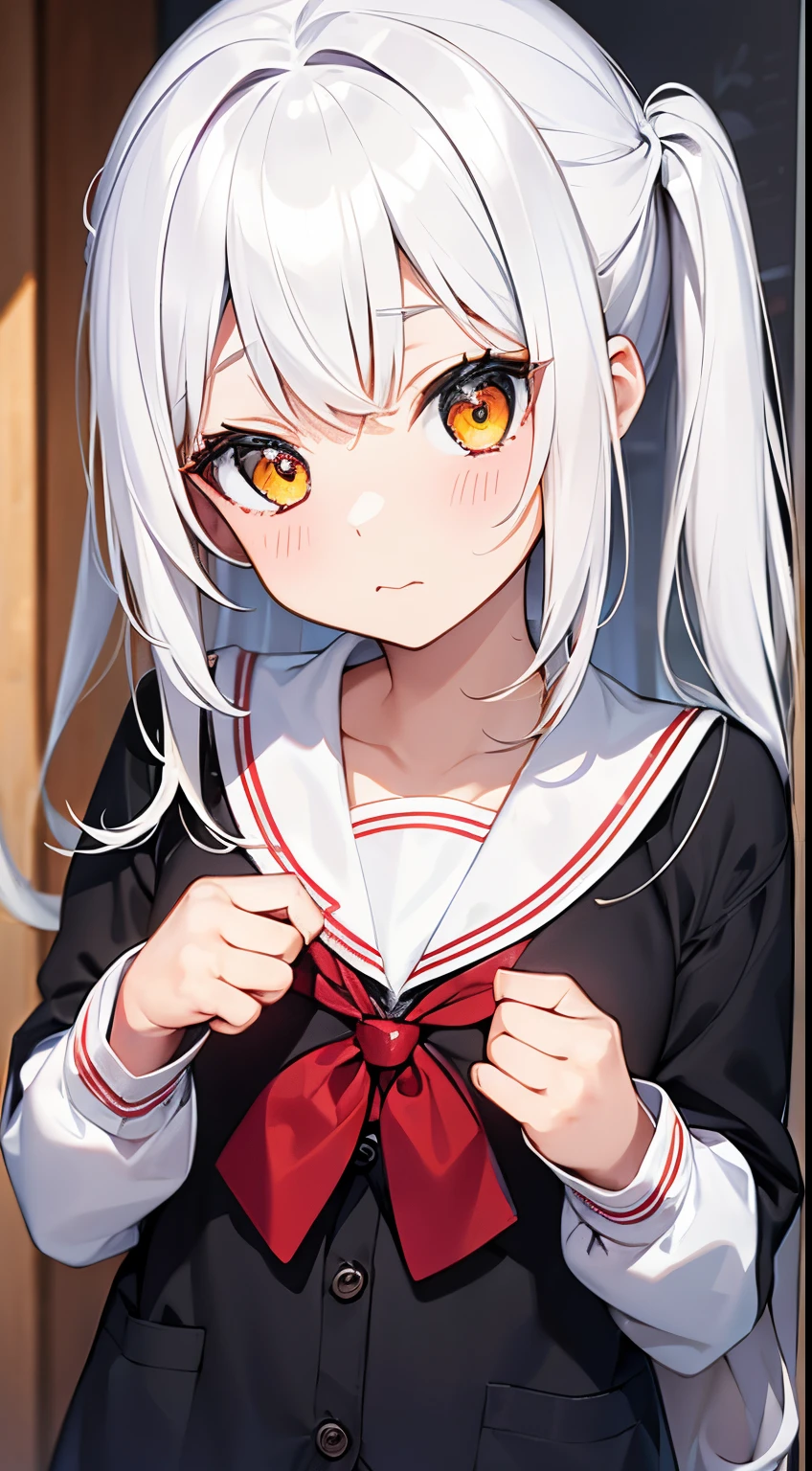 ((masterpiece)), (Highest quality), (Simple style), Silver hair, Red eyes, Sailor uniform, Skirt, Crouching, From the front, Upskirt, Panties