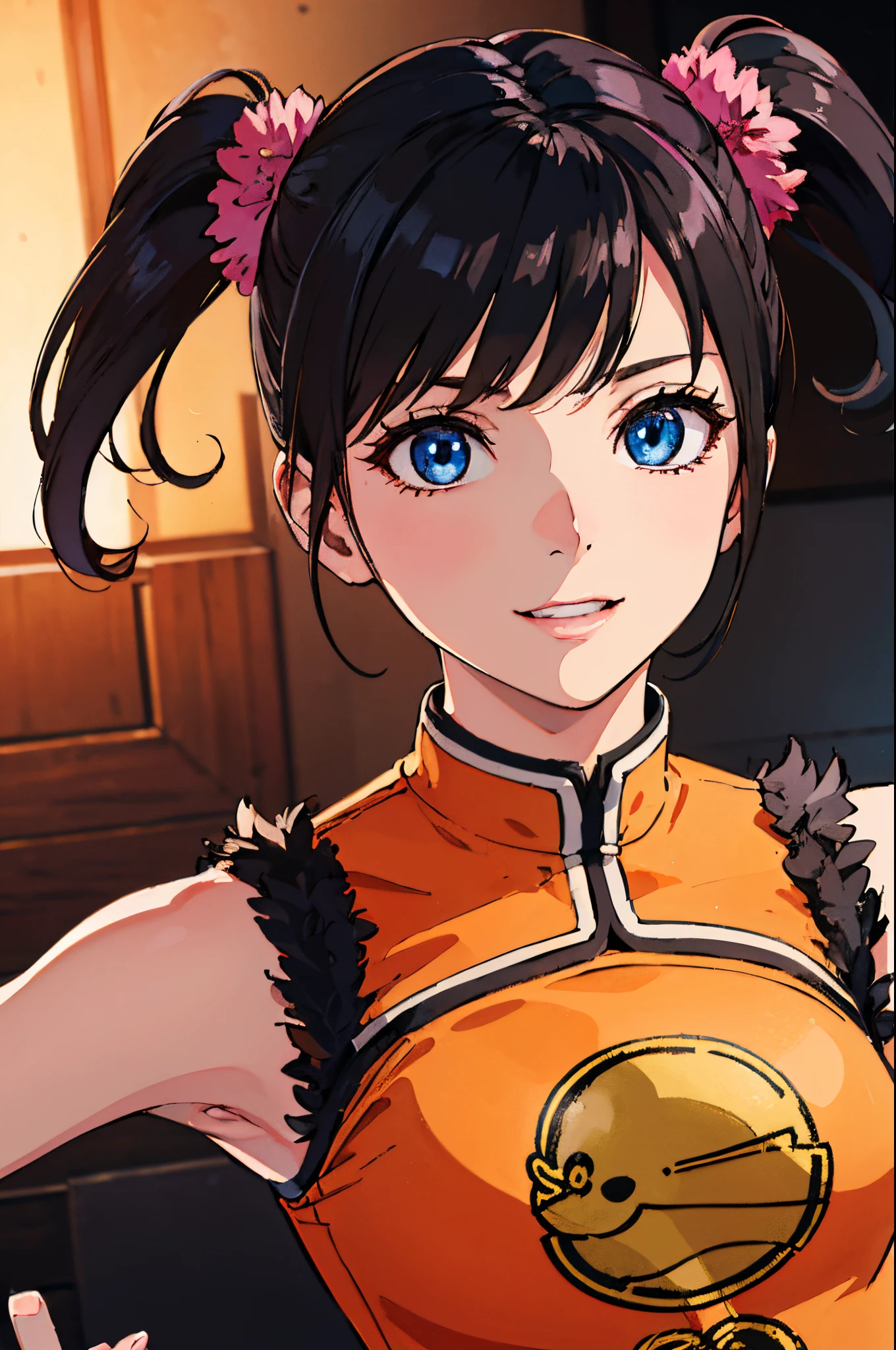 masuter piece, Best Quality, 超A high resolution, top-quality, Anime style, The best lighting, Beautiful face, Lin Xiaoyu, Lin Xiaoyu, (Black hair:1.3), (Brown eyes:1.4), swept bangs, Twin-tailed, (Small breasts:1.2), BREAK black gloves, 手链, chinese clothes, Feather trim, Fingerless gloves, gloves, mary janes, Orange footwear, shoes, single glove, Sleeveless, Dress, Orange dress, BREAK looking at viewer, Break indoors, BREAK (masutepiece:1.2), Best Quality, High resolution, Unity 8k壁纸, (Illustration:0.8), (Beautiful detailed eyes:1.6), extra detailed face, Perfect Lighting, extremely details CG, (Perfect hands, Perfect Anatomy), 1girll, (Arena background:1.2), kawaii faces, Laughing