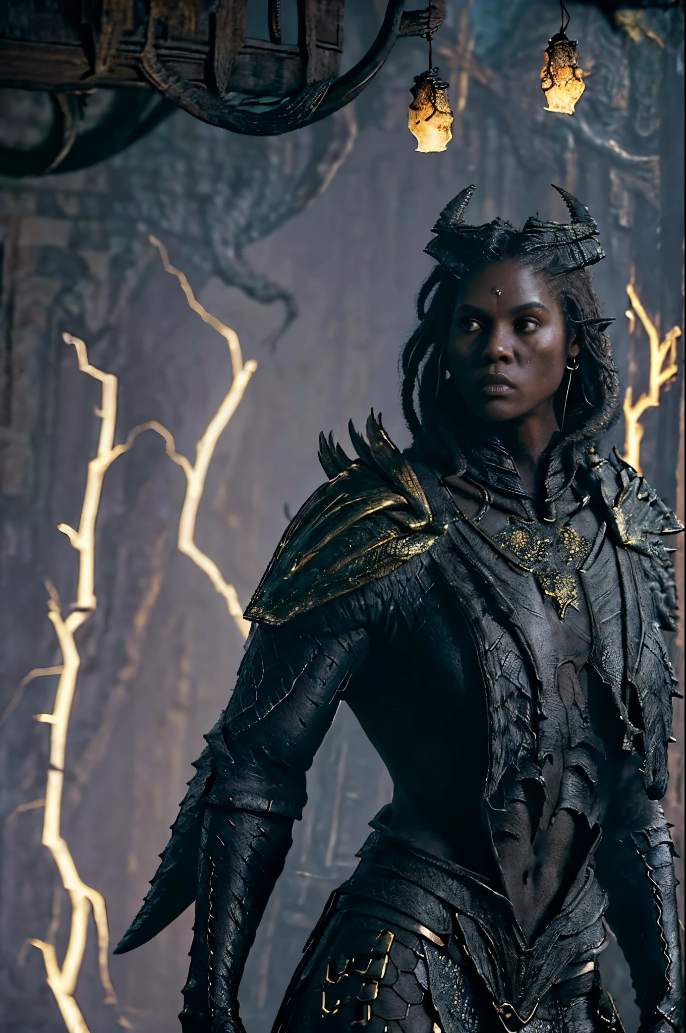 Dressed in D14bl0 style，Black humanoid creature made of rock, Upper part of the body, Upper body, femele, ((tmasterpiece, Best quality at best)), Skin rupture, White electricity gushes out of the cracks, musculature, (((Descendants of the Dragonteriors，whaite hair, Detailed background depth of field