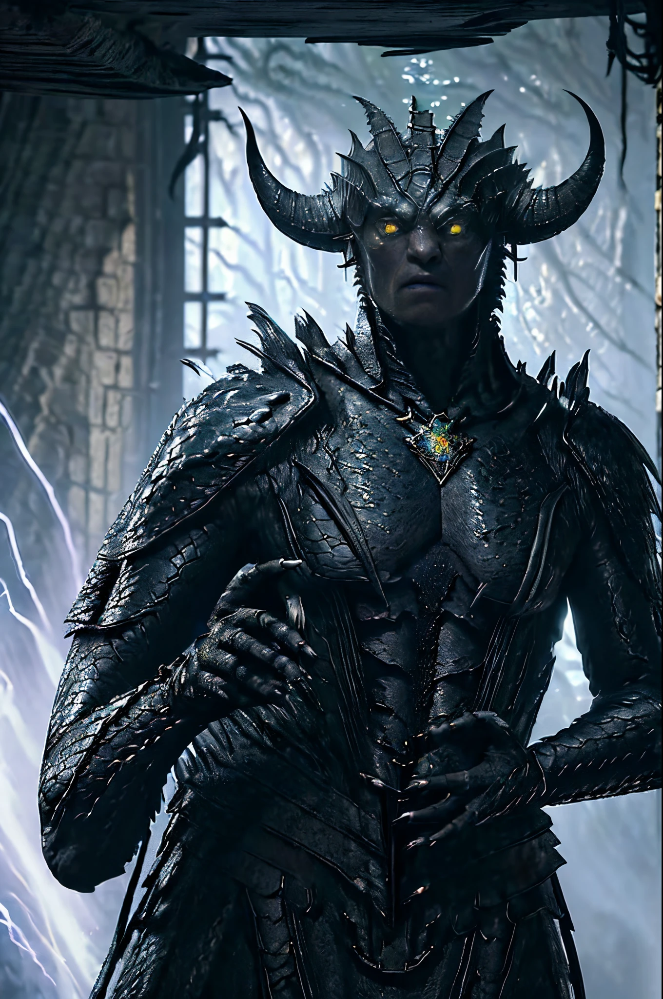 Dressed in D14bl0 style，Black humanoid creature made of rock, Upper part of the body, Upper body, femele, ((tmasterpiece, Best quality at best)), Skin rupture, White electricity gushes out of the cracks, musculature, (((Descendants of the Dragonteriors，whaite hair, Detailed background depth of field