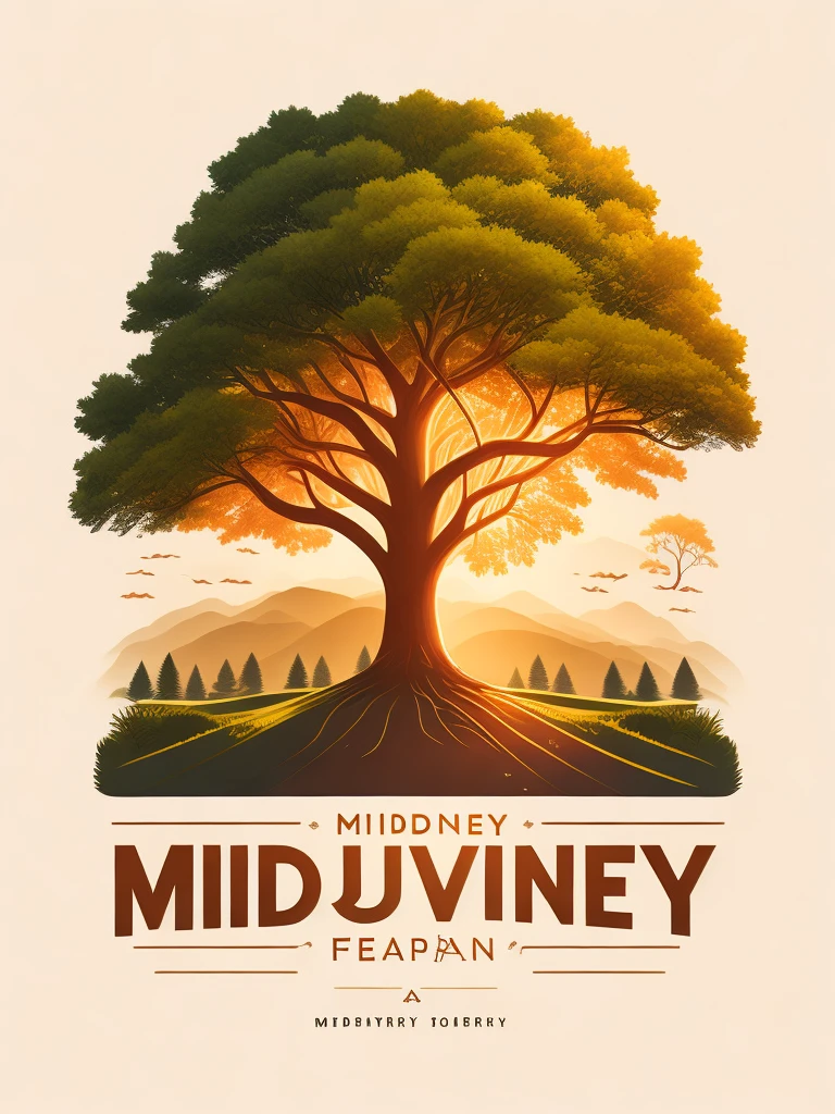 an oak tree in a woods landscape, tshirt design, rzminjourney, vector-art, the text "Midjourney"