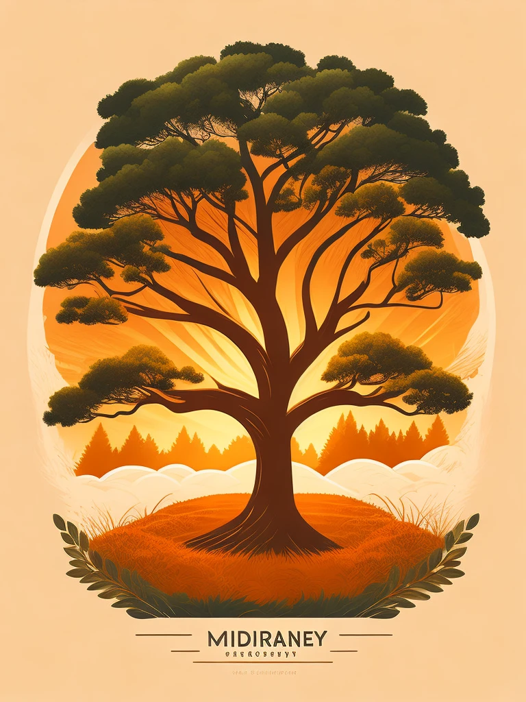 an oak tree in a woods landscape, tshirt design, rzminjourney, vector-art, the text "Midjourney"