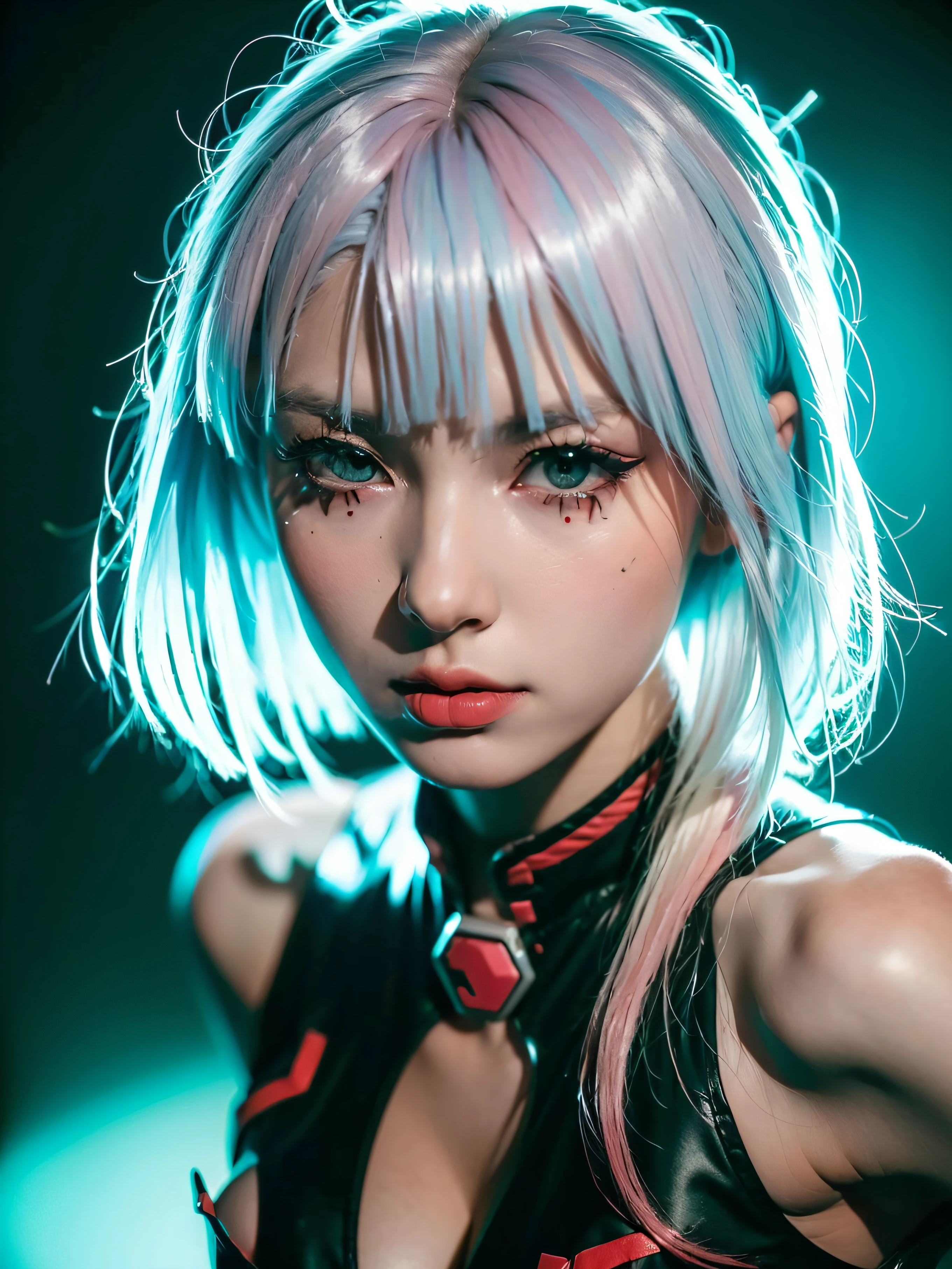 ((tmasterpiece, A high resolution:1.4), lucy_cyber punk personage, (future city night, neonlight:1), (Close-up cleavage:1.2), (1 busty girl), Short gray hair, through bangs, ((Red eyeliner)), ((cosmetics)), Redlip, White off-the-shoulder coat, Black Jumpsuit, shoulder, short white pants, Hip vents, blackstockings, highlydetailed skin, skin pore, (The face very detailed:1.5), (highly details eye:1.5), realistic student:1.5, full face blush, full lips, (perfect anatomia:1.1), (proporções perfeitas:1.1), (photography:1.1), (realistically:1.1), Volumetriclighting, 动态照明, Real Shadow, (A high resolution:1.1), Focus sharp, (actual, hyper realisitc:1.4), iintricate, high detal, theatrical, sub surface scattering, Large depth of field, vividness, Polished, sharpened, ((Full sharp)), (Extremely ridiculous),16k high dynamic range,