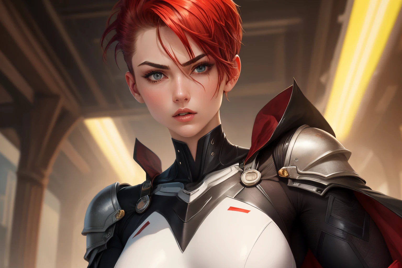Cyborg suit leather white and red and yellow suit goddess girl, suit full coverage, platinum white buzz cut hair, red hair buzz cut right part hair, Russian face, muscular, soull face, powerful, Russian girl face, small black Cape, she is epically fighting