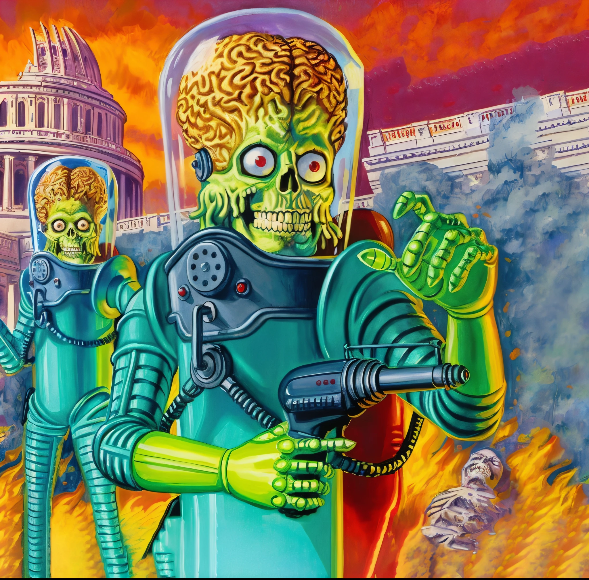 A painting of a man in a space suit holding a gun and zombies, mars attack, When Mars strikes, author：Ron Walotsky, author：Terry Oakes, Basil Wolverton, Inspired by Terry Oakes, by David B. Mattingly, 1980s retro science fiction art, author：Don Reichert, Inspired by Kelly Fleiss