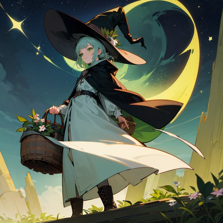 A witch around 25 years old carrying a large basket of medicinal herbs..... A slight smil Black cloak Dark brown long boots Green eyes natta starrysky buddy black cat A pale flower shining on the ground々