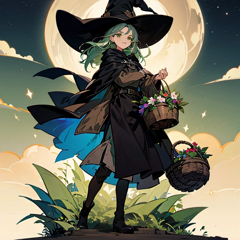 A witch around 25 years old carrying a large basket of medicinal herbs.....　A slight smil　Black cloak　Dark brown long boots　Green eyes　 natta　starrysky　buddy black cat　A pale flower shining on the ground々