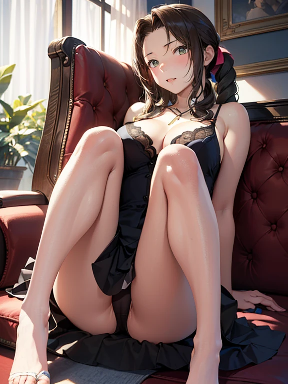 (top-quality,High resolution, (超A high resolution,in 8K),masutepiece:1.2), (Angle from below), (Perfect Anatomy,Anatomically accurate), (Soft lighting, 光线追踪), (((Open legs sitting on a sofa in the lobby of a luxury hotel))), ((Aerith Gainsborough lookalike)), cute  girl), Black spats, (cute nightgown), Cute panties, (Crisp double eyelids), (fascinated expression),(Large breasts:1.3),(Soft skin), (Photorealistic), (Soft skin), (colourful hair)