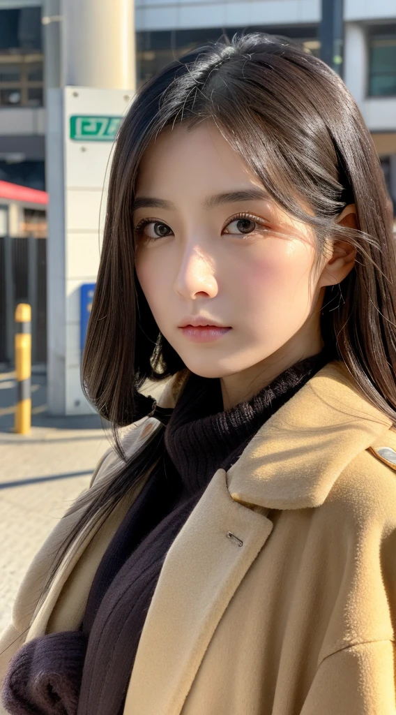 Top image quality、masterpiece、Beautuful Women、japanes、25-years old、Station platform、(masuter piece:1.3)、(in 8K、Photorealsitic、Raw photography、top-quality:1.4)、(1girl in)、beautiful expression、(Lifelike face)、(A dark-haired、Realistic eyes beautiful details、(real looking skin)、coat、muffler、absurderes、enticing、ultra res、A hyper-realistic、high detal、the golden ratio、serious faces、dual、long、Loose perm、Beautiful Japan Woman