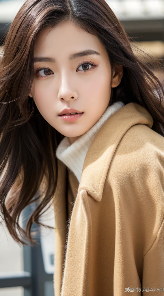 Top image quality、masterpiece、Beautuful Women、japanes、25-years old、Station platform、(masuter piece:1.3)、(in 8K、Photorealsitic、Raw photography、top-quality:1.4)、(1girl in)、beautiful expression、(Lifelike face)、(A dark-haired、Realistic eyes beautiful details、(real looking skin)、coat、muffler、absurderes、enticing、ultra res、A hyper-realistic、high detal、the golden ratio、serious faces、dual、long、Loose perm、Beautiful Japan Woman