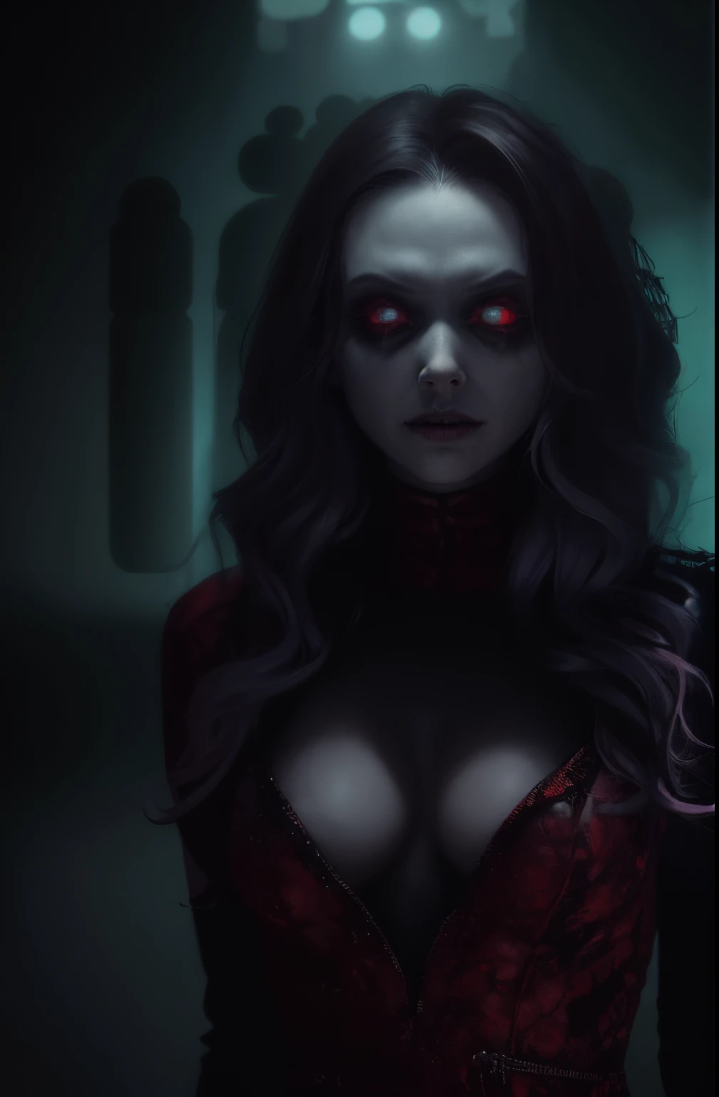 a terrifying mental image of a female figure of pure evil, immersed in a hideous, hellish environment, appearance with grotesque features and sinister deformities that evoke instant horror, glowing eyes, contorted skin, dark attire that exude an evil aura, environment around as a hellscape, distorted shadows, agonizing, obscure, terrifying nightmare, capturing all of the viewer's senses and leaving a lasting impression of horror, evil female figure in a obscure place coming from hell, nightmare, fiend, demonic presence