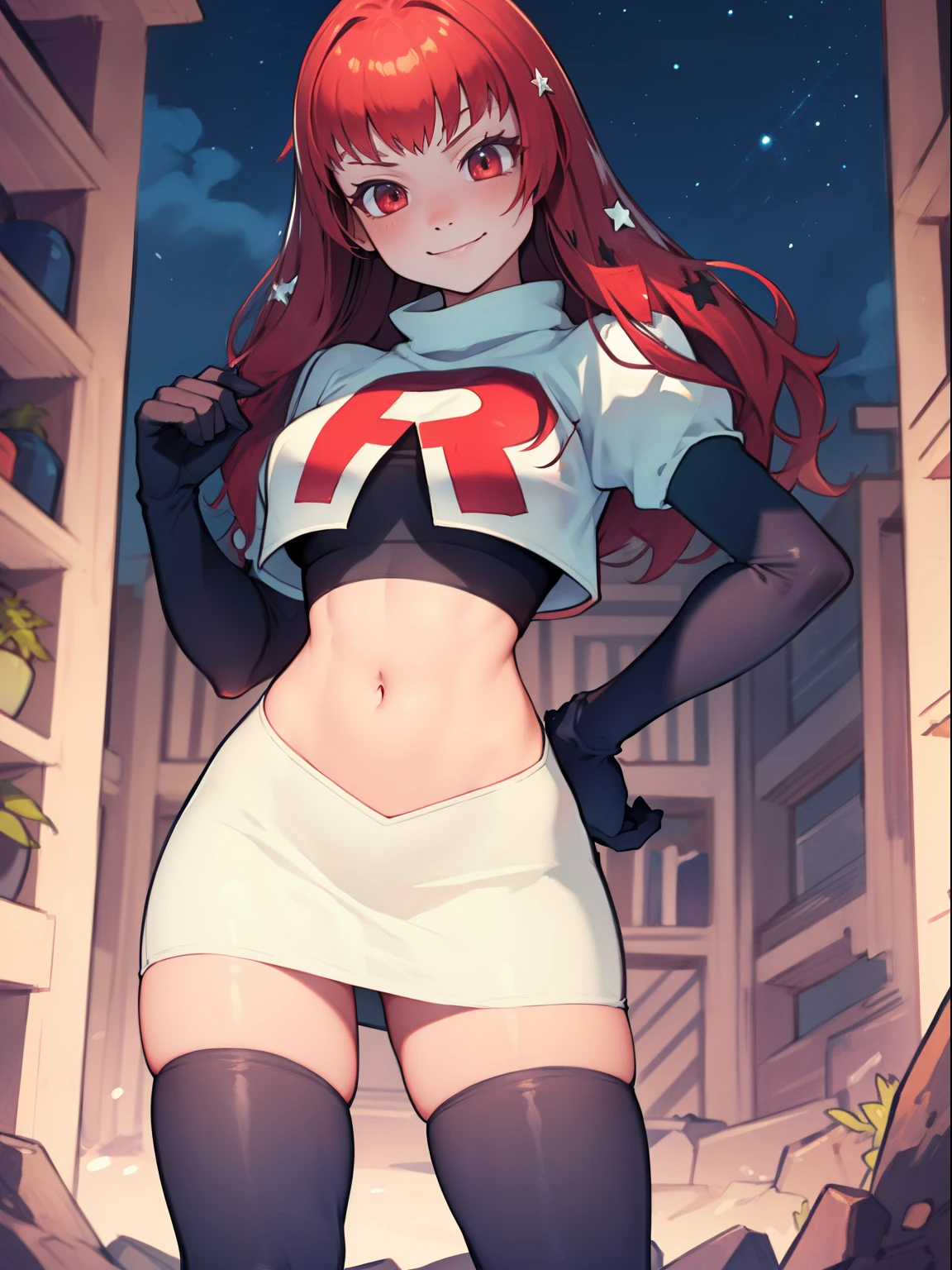 yunaka, star hair ornament, team rocket uniform, red letter R, white skirt,white crop top,black thigh-high boots, black elbow gloves, evil smile, looking at viewer, cowboy shot, sexy pose, night sky background