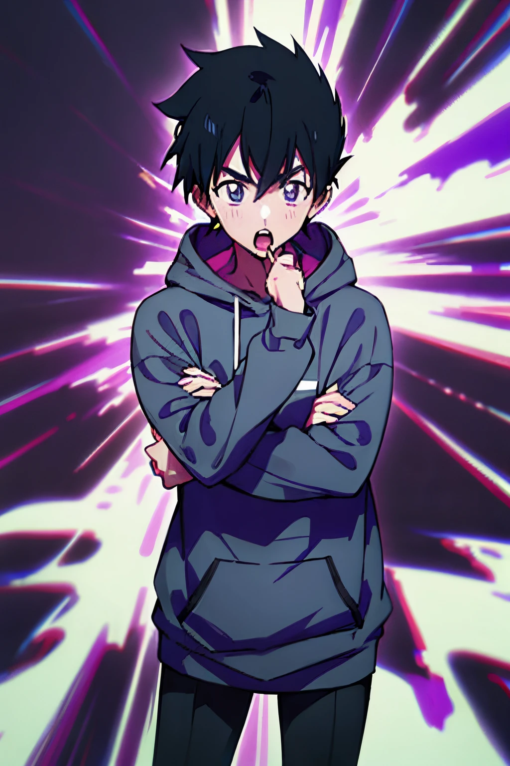 Guy standing, Anime styled, Black hoodie with purple print, Black hair, looking straight, giving news reporter pose